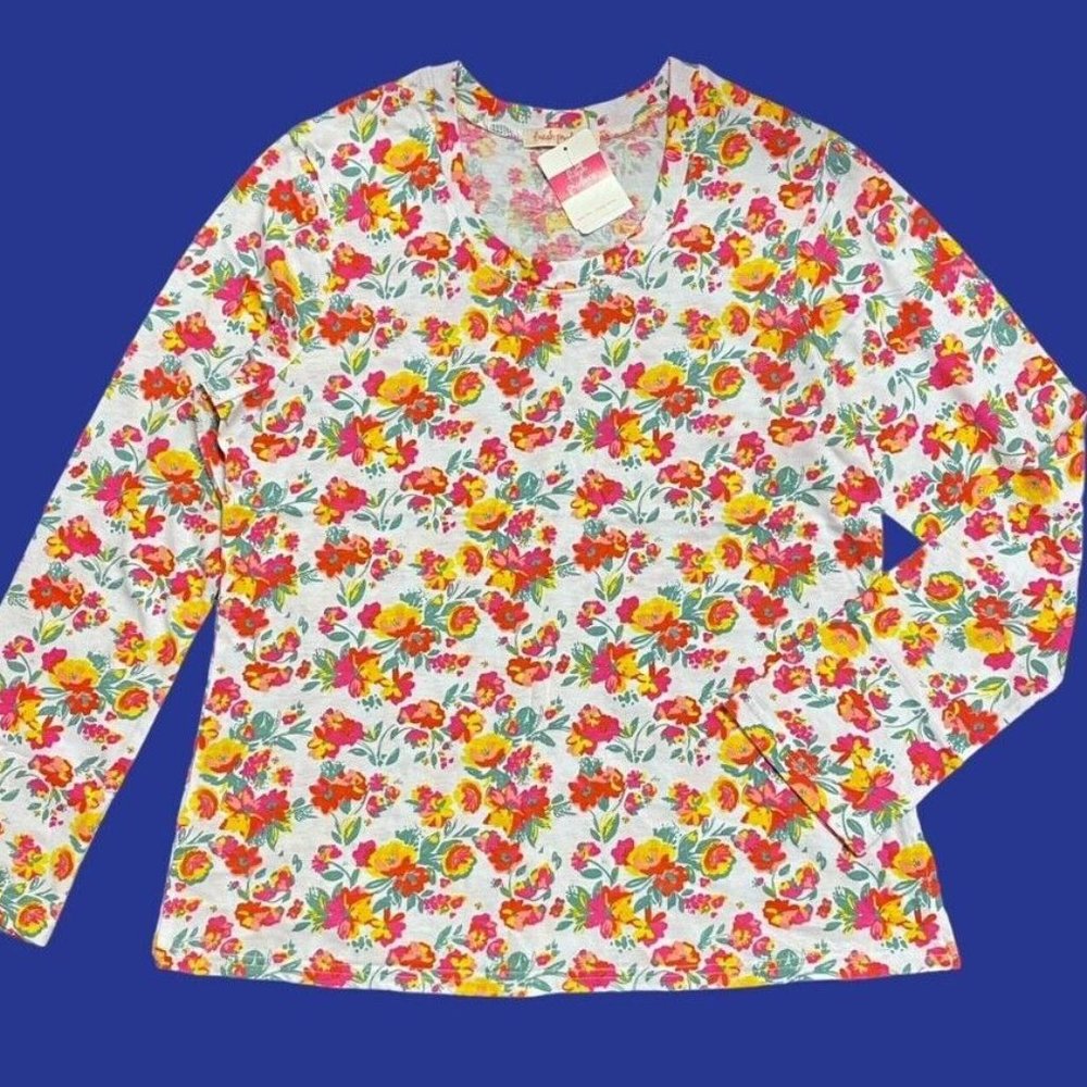 Fresh Produce 2X White $49 Garden Blooms Floral Scoop LS Jersey Tee Top NWT New